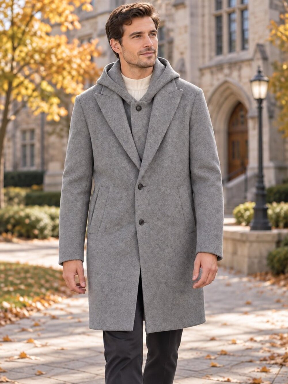 Trendiano Mens M Gray Wool Blend Overcoat Removable Hood Bib EUC Slim Fit